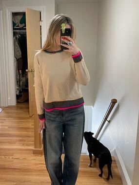 Lisa Todd Cream Knit Sweater with Pink and Gray Trim